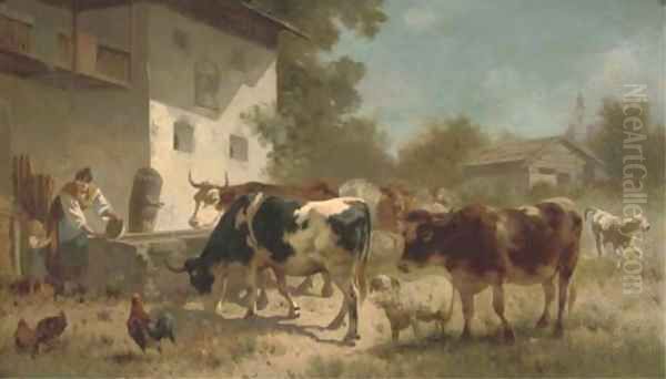 Figures and animals in a sunny farmyard - view 1