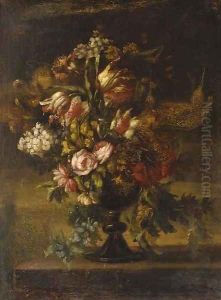 Roses, lilies, carnations and other flowers in a black vase Roses, lilies, carnations and other flowers in a black vase