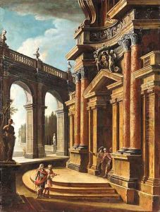 An imaginary courtyard with elegant figures promenading by Italian School