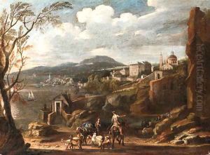 An Italianate coastal Landscape with Travellers conversing on a Path with a Town beyond by Italian School