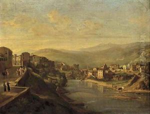 An Italianate riverside town at dusk