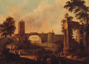 Figures Before Ruins In An Italianate Landscape by Italian School