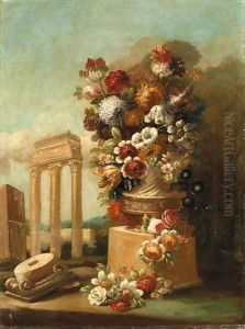 Flowers in ornamental urns on stone plinths amongst classical ruins by Italian School