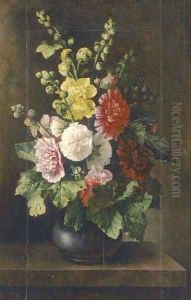 Mixed flowers in a vase on a plinth