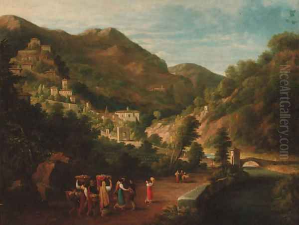 Peasants dancing on the way to market, a hilltop beyond - view 1
