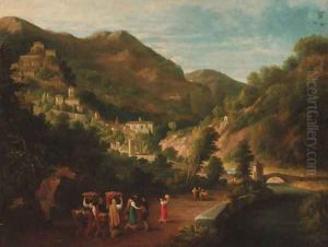 Peasants dancing on the way to market, a hilltop beyond by Italian School