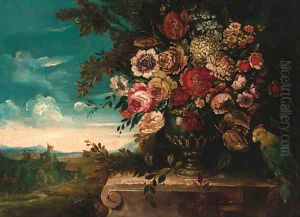 Peonies, roses, tulips and other flowers in an urn