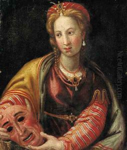 Portrait of a lady, half-length, holding a mask by Italian School