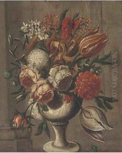 Roses, parrot tulips, chrysanthemums and other flowers in a vase on a ledge by Italian School