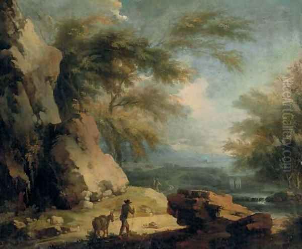 Travelers on a rocky path, an extensive landscape beyond - view 1