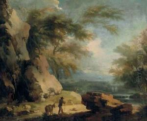 Travelers on a rocky path, an extensive landscape beyond by Italian School