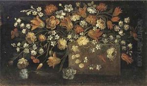 Tulips, roses and other flowers on a plinth by Italian School