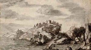 View over a hilltop ruin by Italian School