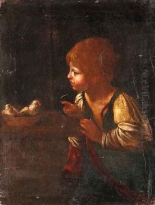 A boy with chicks by Italian School