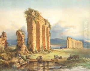 A drover playing the pipes before ruins in the Roman campagna by Italian School