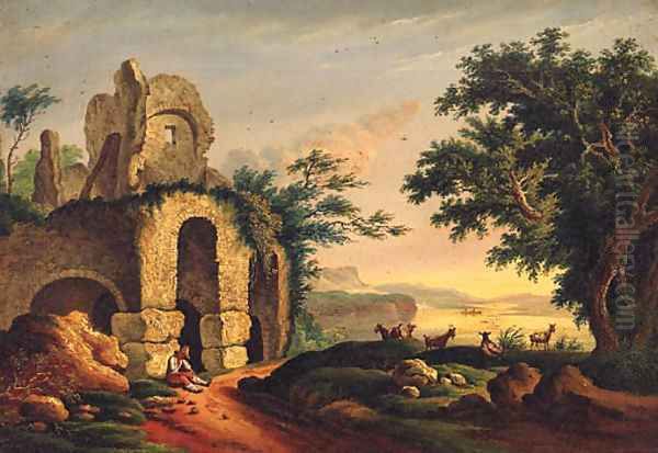 A Goatherder Resting With His Herd Before Ruins - view 1