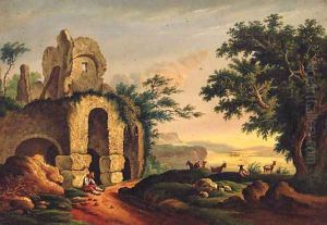 A Goatherder Resting With His Herd Before Ruins by Italian School