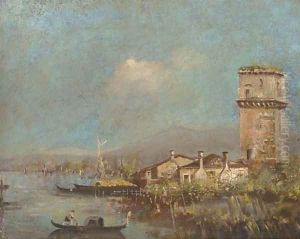A Gondola on the Venetian lagoon by a settlement