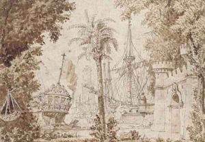 A warship in a Mediterranean port observed from its stern by Italian School