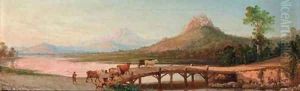 Italian countryfolk resting on a terrace above a vineyard with Lake Garda beyond by Italian School