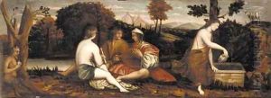 Musicians relaxing by a maiden fetching water with Pan looking on by Italian School