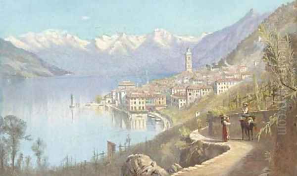 Peasants on a track above an Italianate lakeside town - view 1