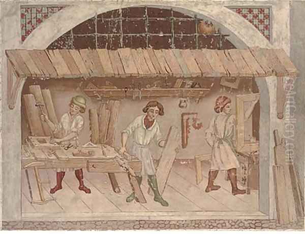 A carpenter's shop with three carpenters - view 1