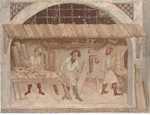 A carpenter's shop with three carpenters