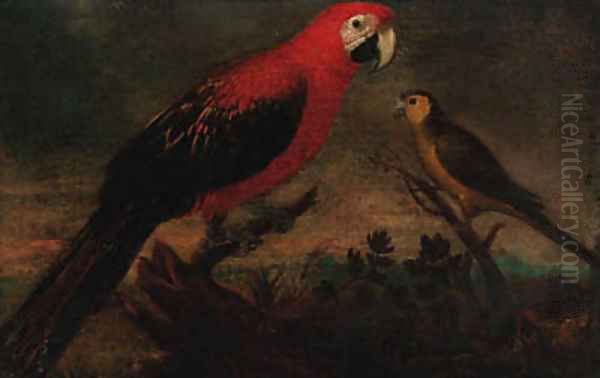 A scarlet macaw and a parrot in a landscape - view 1