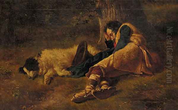A shepherd and his dog taking a nap under a tree - view 1