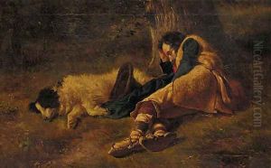 A shepherd and his dog taking a nap under a tree by Italian School