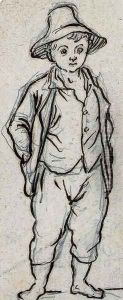 A young boy wearing a broad-brimmed hat
