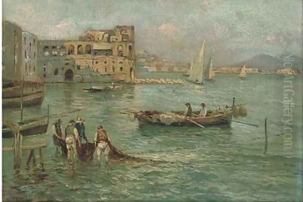 Figures in a sunlit harbour - view 1