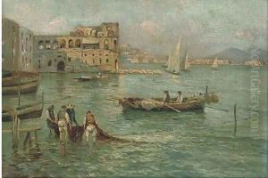 Figures in a sunlit harbour