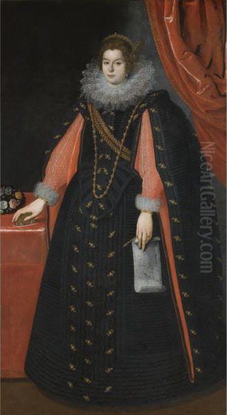 Portrait Of A Lady, Probably 
Maria Maddalena Of Austria, Standingfull Length, Wearing A Black Dress 
With An Ornate Lace Collar Andholding A Drawing Of Mary Magdalene - view 1