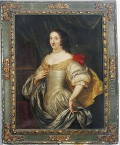 Portrait Of A Lady, Standing Three Quarter-length In A Silver Silkdress And Blue Shawl by Justus Sustermans
