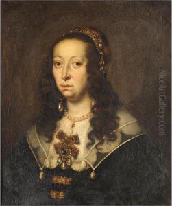 Portrait Of A Lady, Half Length,
 Wearing Black With A White Ruff, With An Elaborate Headress And Pearl 
Earings