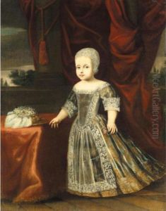 Portrait Of A Young Girl Wearing
 A Grey Embroidered Dress And A White Cap, Holding A Flower In Her Left 
Hand