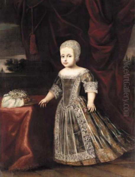 A Portrait Of Young Girl, Full 
Length Standing, Wearing A Grey Embroidered Dress And A White Cap And 
Holding A Flower In Her Left Hand - view 1
