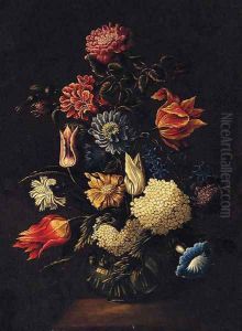 Roses, Carnations, Tulips and other Summer Flowers in a glass Bowl by Italian School