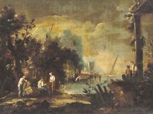 Travellers in an Italianate landscape by Italian School