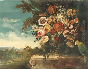An Urn of Flowers and a Parrot on a Ledge before a Landscape