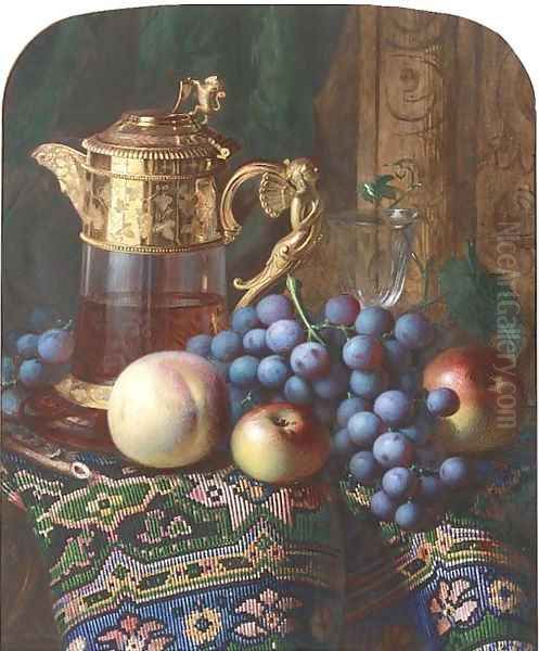 Still life of apples, a peach, grapes, a ewer and a glass, on a draped table - view 1