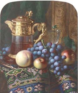 Still life of apples, a peach, grapes, a ewer and a glass, on a draped table by Charles H. Slater