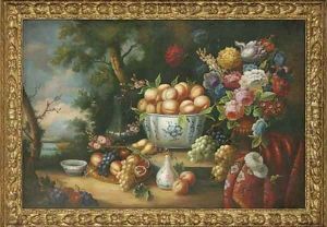 Peaches in a bowl, with tulips, peonies and other flowers in a vase