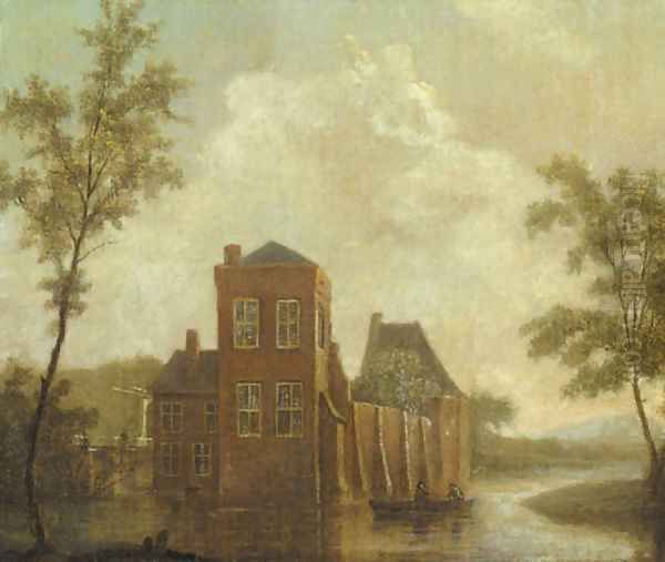 A castle by a river with fishermen in a rowing boat - view 1