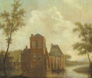 A castle by a river with fishermen in a rowing boat by Dutch School