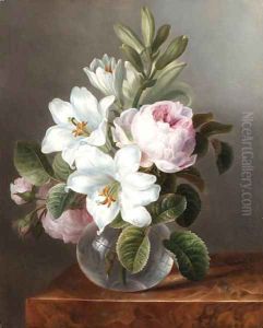 Roses and Lilies in a glass Vase by Dutch School