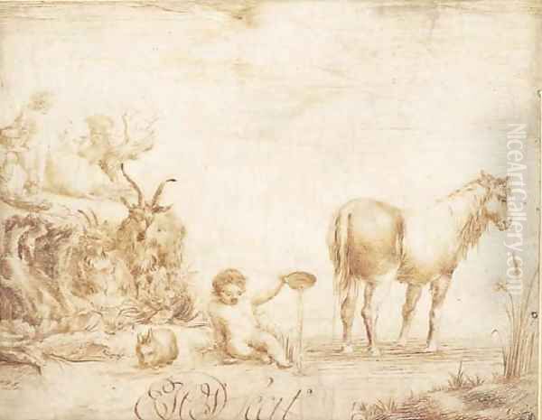An infant pouring water from a dish, flanked by a horse, a rabbit and two goats, two figures with a cow in the background 2 - view 1