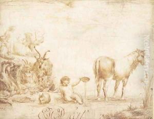 An infant pouring water from a dish, flanked by a horse, a rabbit and two goats, two figures with a cow in the background 2